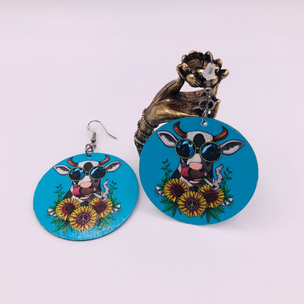 Hippie Cow And Sunflower Earrings - Brand New